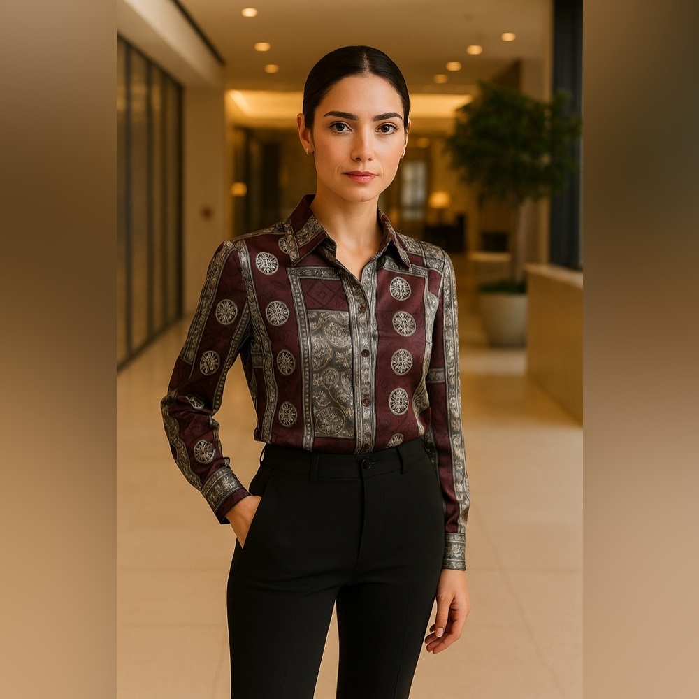 Vintage 80s Brownstone Studio NY Satin Shirt Sz 8 Bold Floral Jacquard Pattern